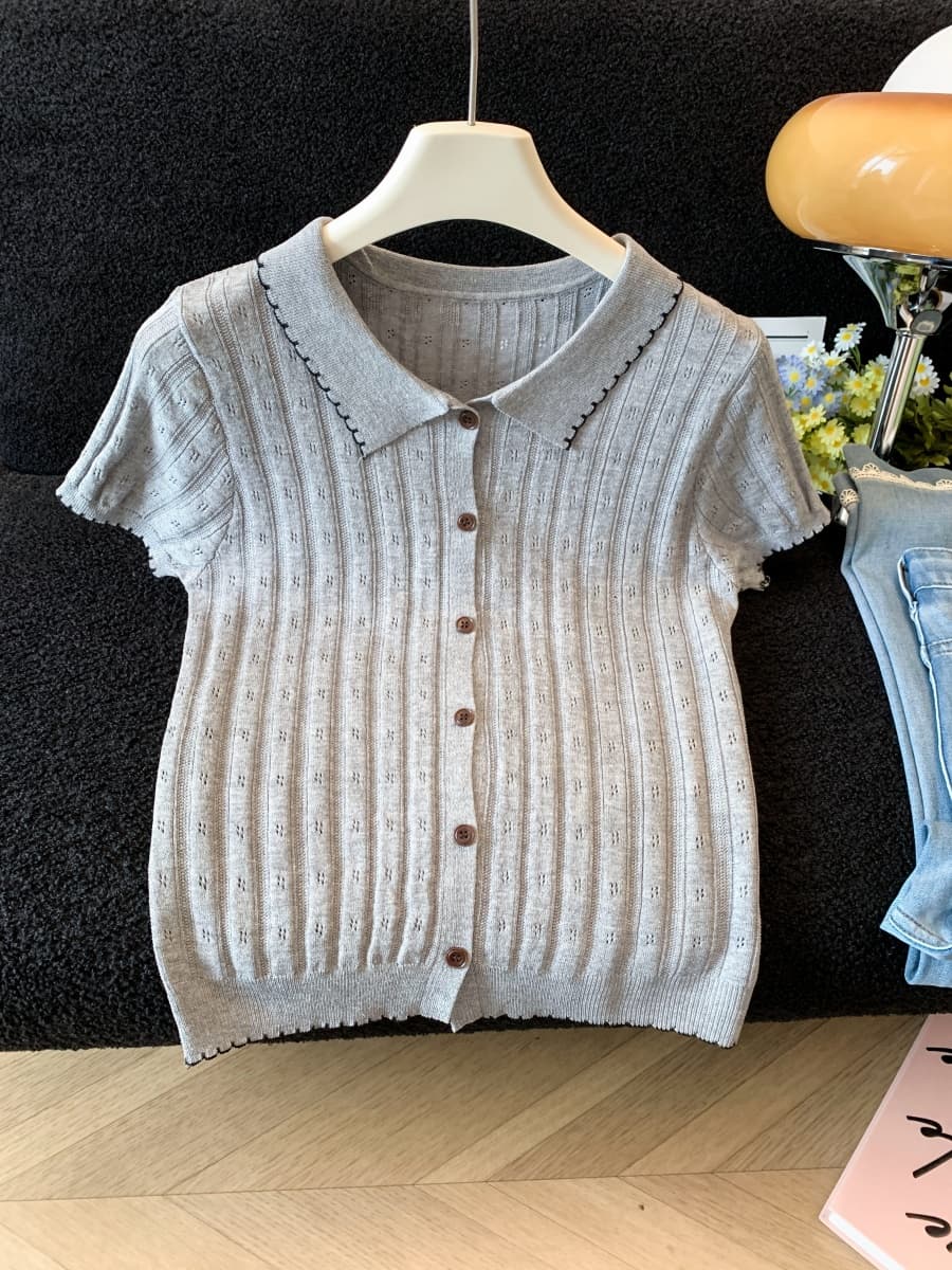 한 스타일 밝은 회색 색상 polo 폴로 칼라 긍정적 인 어깨 홀로우 아웃 반팔 니트 오픈 가디건 티셔츠 여성 2026 여름 새로운 맨위 상세 이미지 28