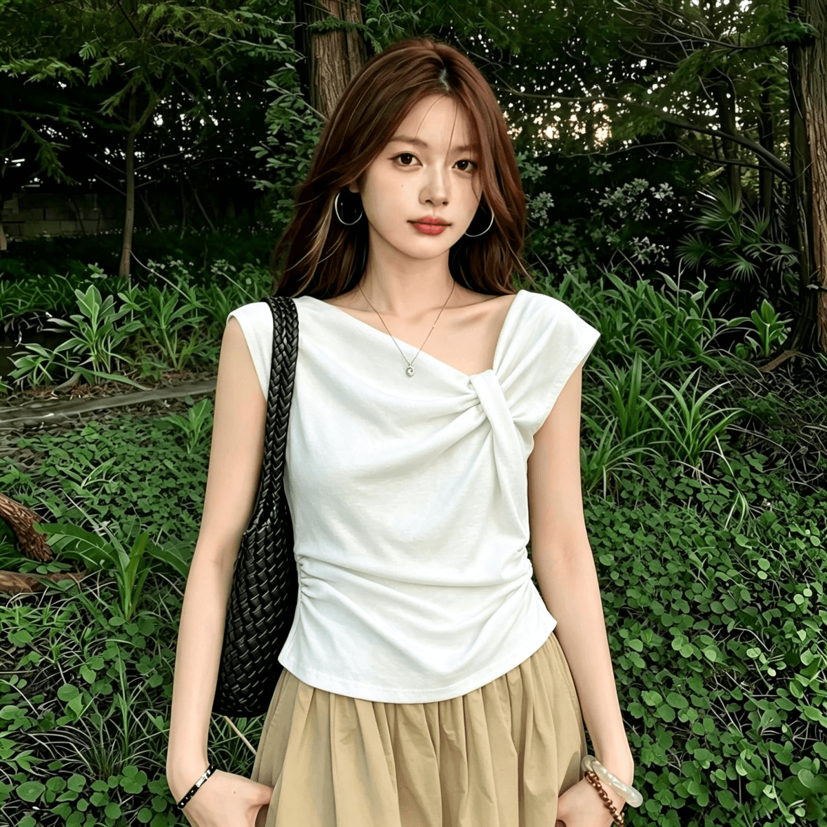 보존 섹션 추천 불규칙 비틀림 Feifei 소매 티셔츠 여성 여름 새로운 주름 허리 수축 슬림해 보이는 연령 감소 맨위 상세 이미지 1