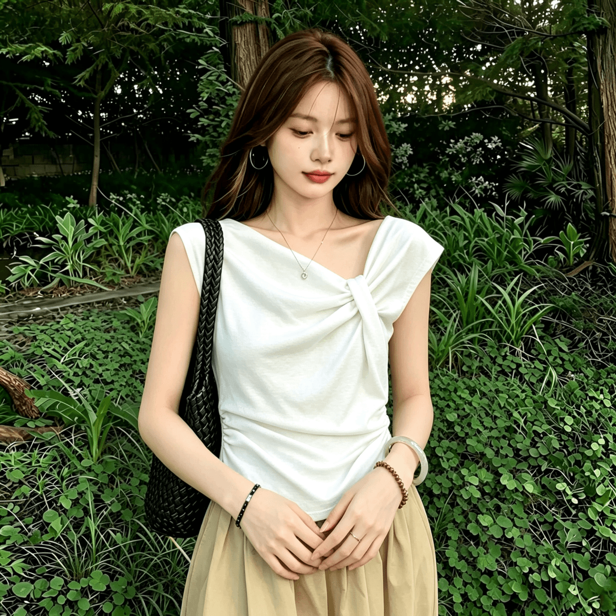 보존 섹션 추천 불규칙 비틀림 Feifei 소매 티셔츠 여성 여름 새로운 주름 허리 수축 슬림해 보이는 연령 감소 맨위 상세 이미지 2