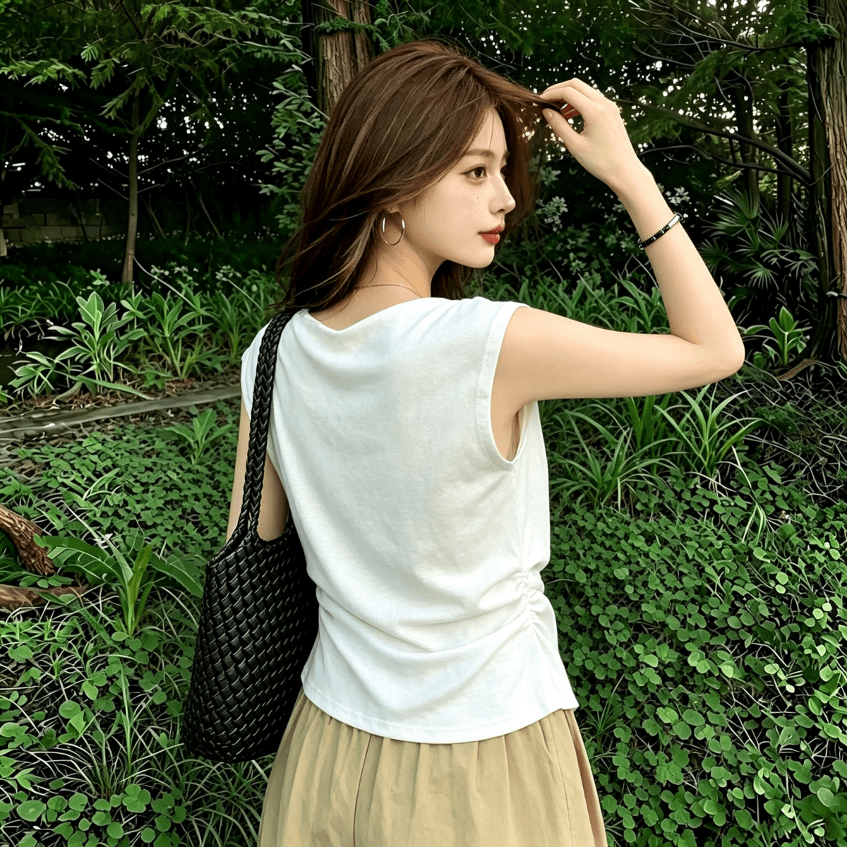 보존 섹션 추천 불규칙 비틀림 Feifei 소매 티셔츠 여성 여름 새로운 주름 허리 수축 슬림해 보이는 연령 감소 맨위 상세 이미지 5