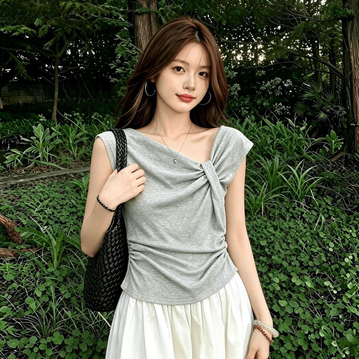 보존 섹션 추천 불규칙 비틀림 Feifei 소매 티셔츠 여성 여름 새로운 주름 허리 수축 슬림해 보이는 연령 감소 맨위 상세 이미지 7