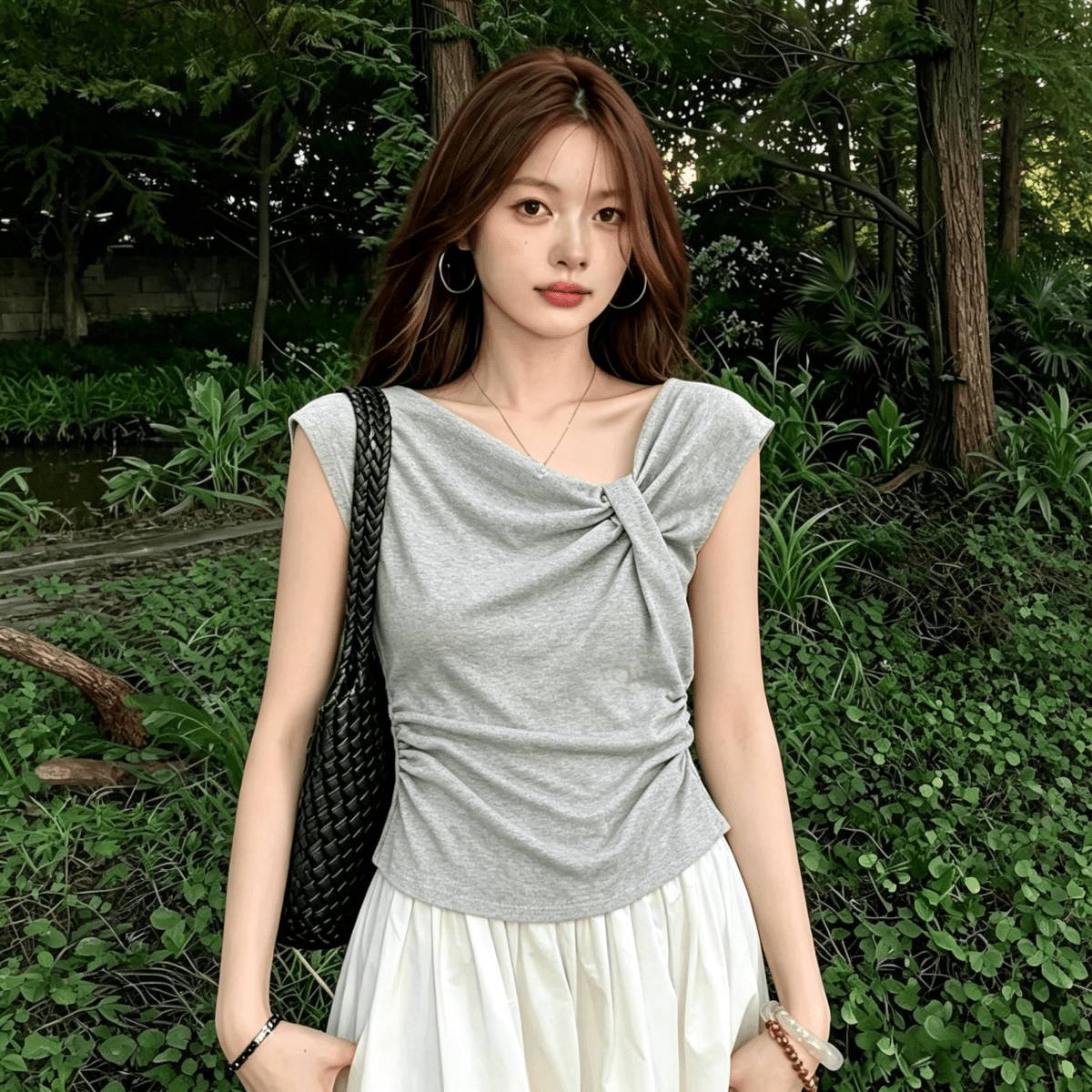 보존 섹션 추천 불규칙 비틀림 Feifei 소매 티셔츠 여성 여름 새로운 주름 허리 수축 슬림해 보이는 연령 감소 맨위 상세 이미지 9