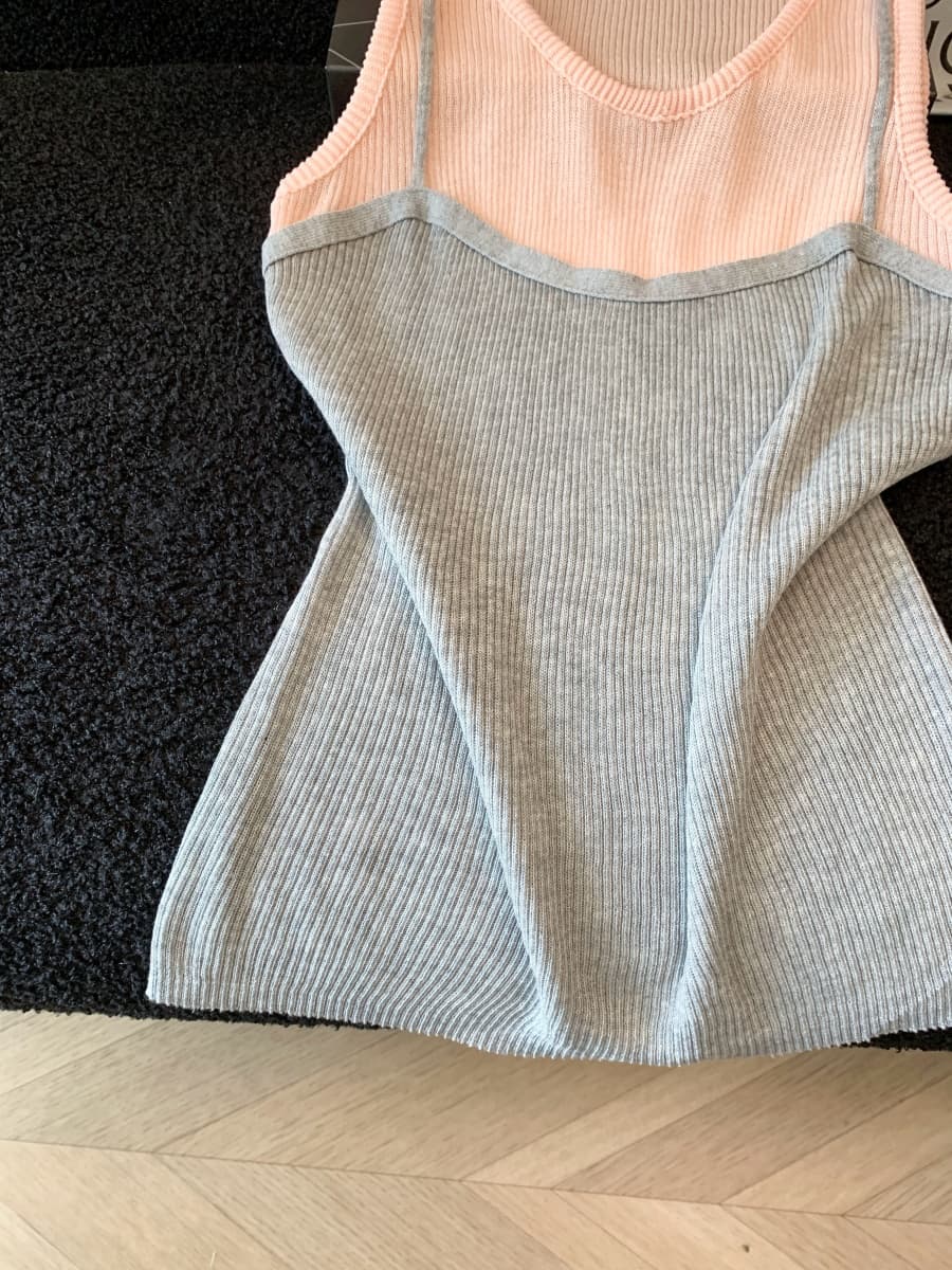 페이크 레이어드 패치워크 디자인 센스 u 칼라 캐미솔 여름 새로운 몸매 가꾸기 슬림해 보이는 작은 키 연령 감소 맨위 상세 이미지 23