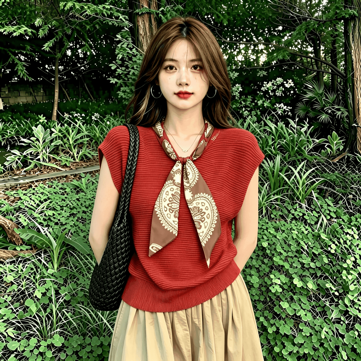레트로 품격 빨간색 스카프 V넥 니트 조끼 여성 여름 드레스 새로운 오래된 돈 바람 루즈핏 슬림해 보이는 민소매 맨위 이미지 3