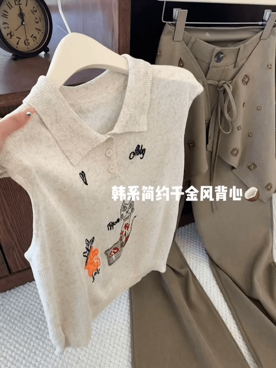 한국 스타일 고양이 꽃 자수 폴로 칼라 민소매 니트 조끼 여성 2026 여름 루즈핏 다용도 POLO 셔츠 맨위