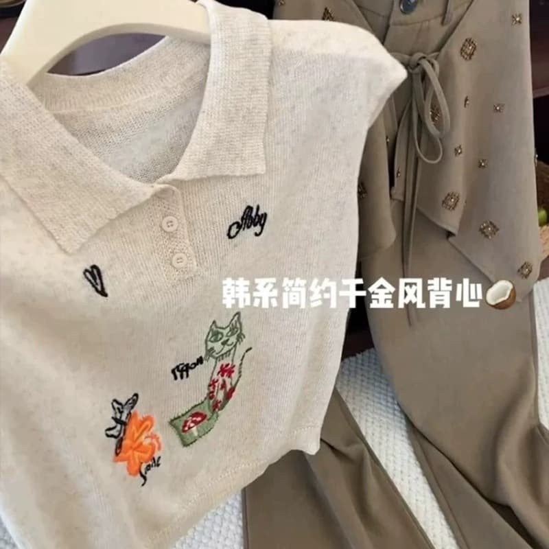 한국 스타일 고양이 꽃 자수 폴로 칼라 민소매 니트 조끼 여성 2026 여름 루즈핏 다용도 POLO 셔츠 맨위 이미지 5