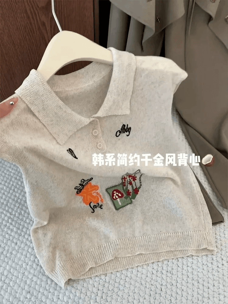 한국 스타일 고양이 꽃 자수 폴로 칼라 민소매 니트 조끼 여성 2026 여름 루즈핏 다용도 POLO 셔츠 맨위 상세 이미지 2