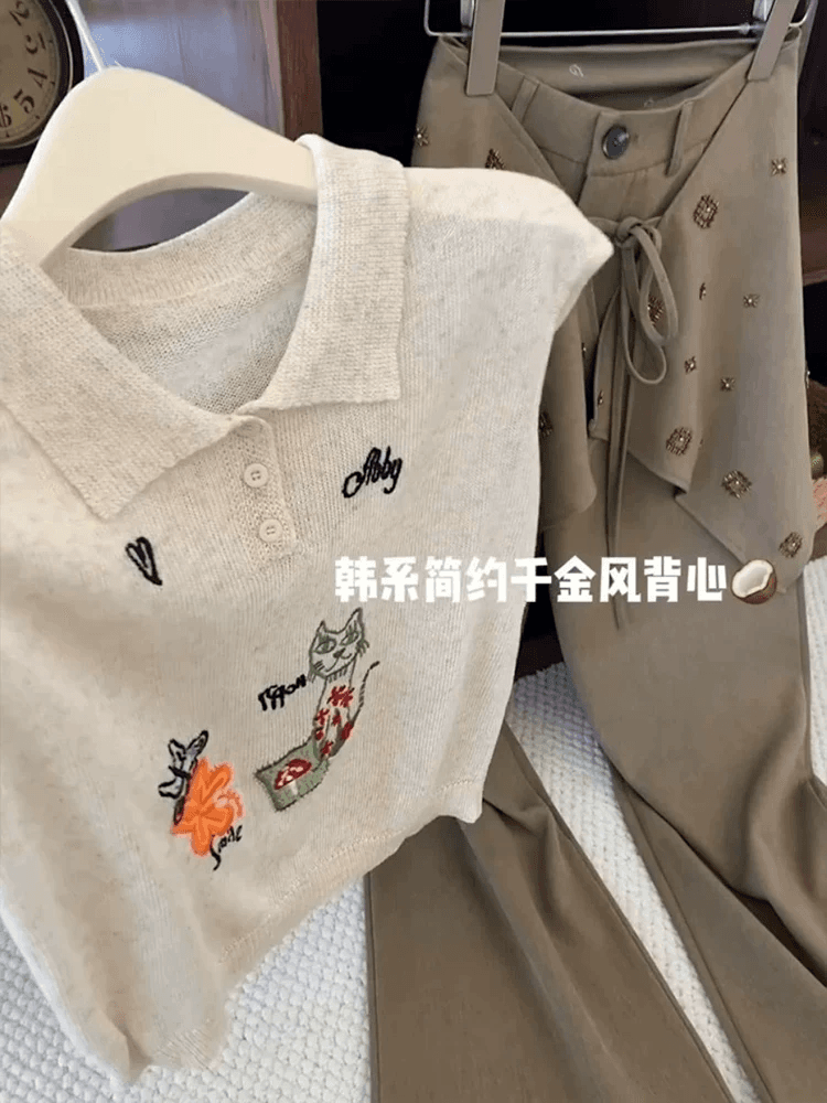 한국 스타일 고양이 꽃 자수 폴로 칼라 민소매 니트 조끼 여성 2026 여름 루즈핏 다용도 POLO 셔츠 맨위 상세 이미지 3