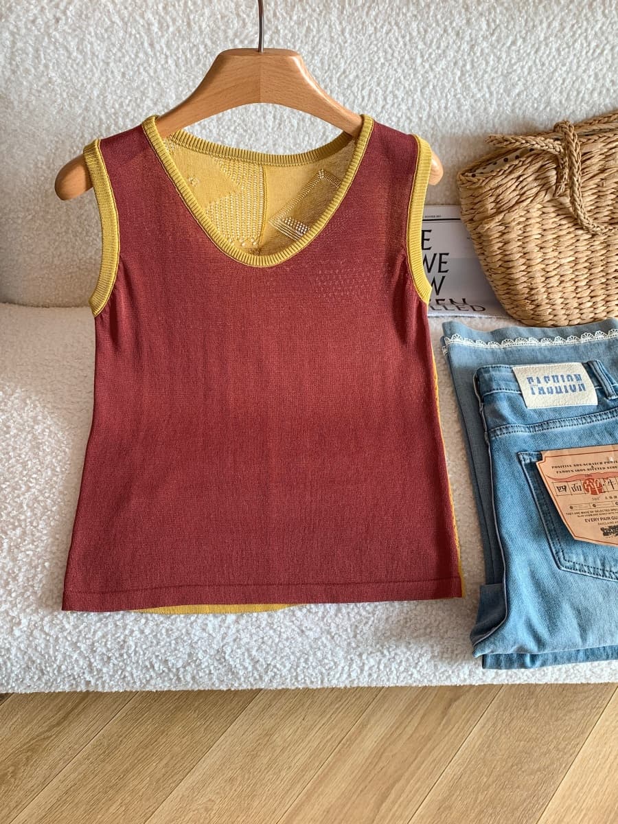 유럽 역 디자인 센스 배색 홀로우 아웃 뒤로 u 칼라 니트 민소매 여성 여름 외국 가스 다용도 슬림해 보이는 조끼 상세 이미지 7