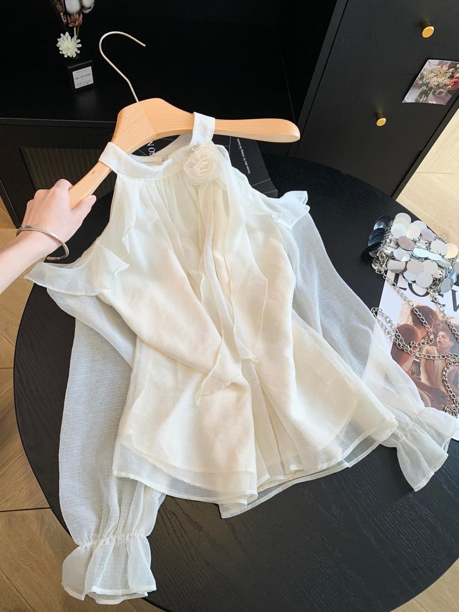 분위기 센스 부드러운 바람 행침 목 루즈핏 오프숄더 셔츠 작은 대중 긴팔 맨위 품격 3 차원 꽃 쉬폰 블라우스 이미지 2