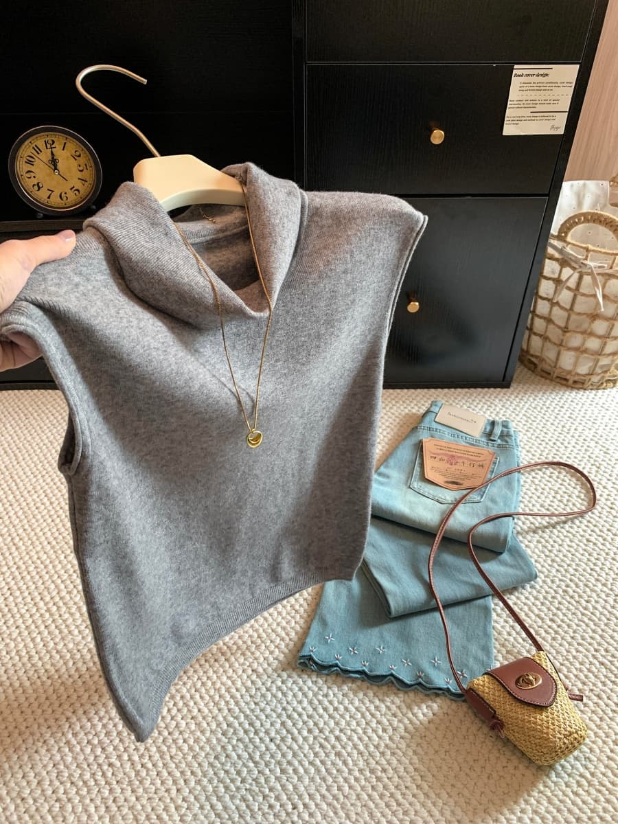 한 부서 Chic 말뚝 더미 칼라 베스트 조끼 풀오버 스웨터 여자 품격 세련된 다용도 니트 스웨터 민소매 맨위 여성 이미지 3