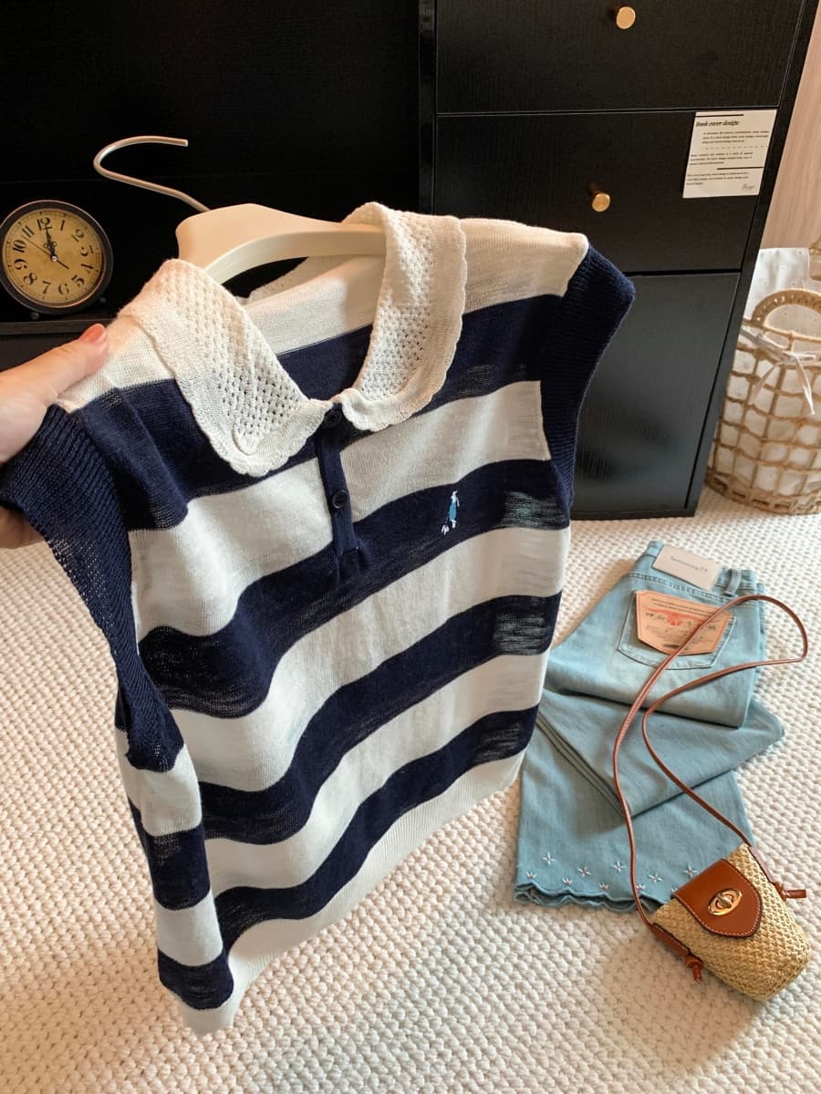 새로운 배색 홀로우 아웃 POLO 칼라 만화 자수 니트 스웨터 여성 여름 폭발 미니멀리즘 다용도 슬림해 보이는 맨위 이미지 3