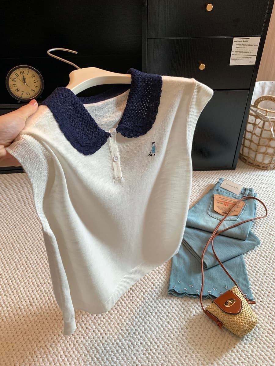 새로운 배색 홀로우 아웃 POLO 칼라 만화 자수 니트 스웨터 여성 여름 폭발 미니멀리즘 다용도 슬림해 보이는 맨위 이미지 2
