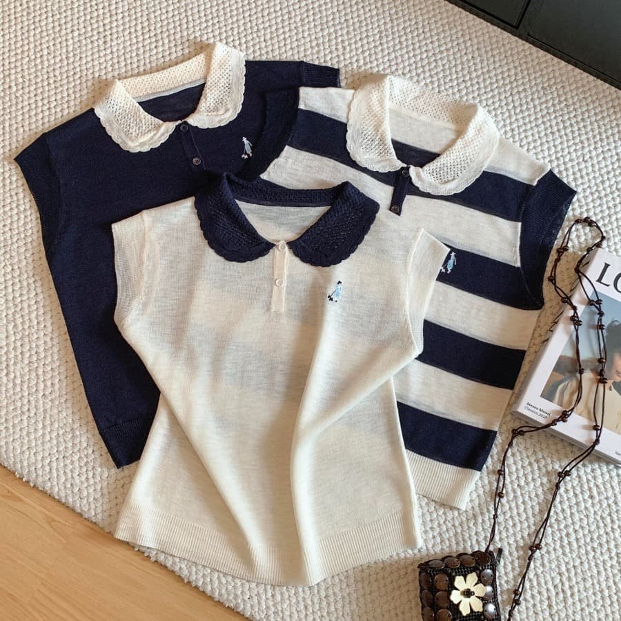 새로운 배색 홀로우 아웃 POLO 칼라 만화 자수 니트 스웨터 여성 여름 폭발 미니멀리즘 다용도 슬림해 보이는 맨위 이미지 6