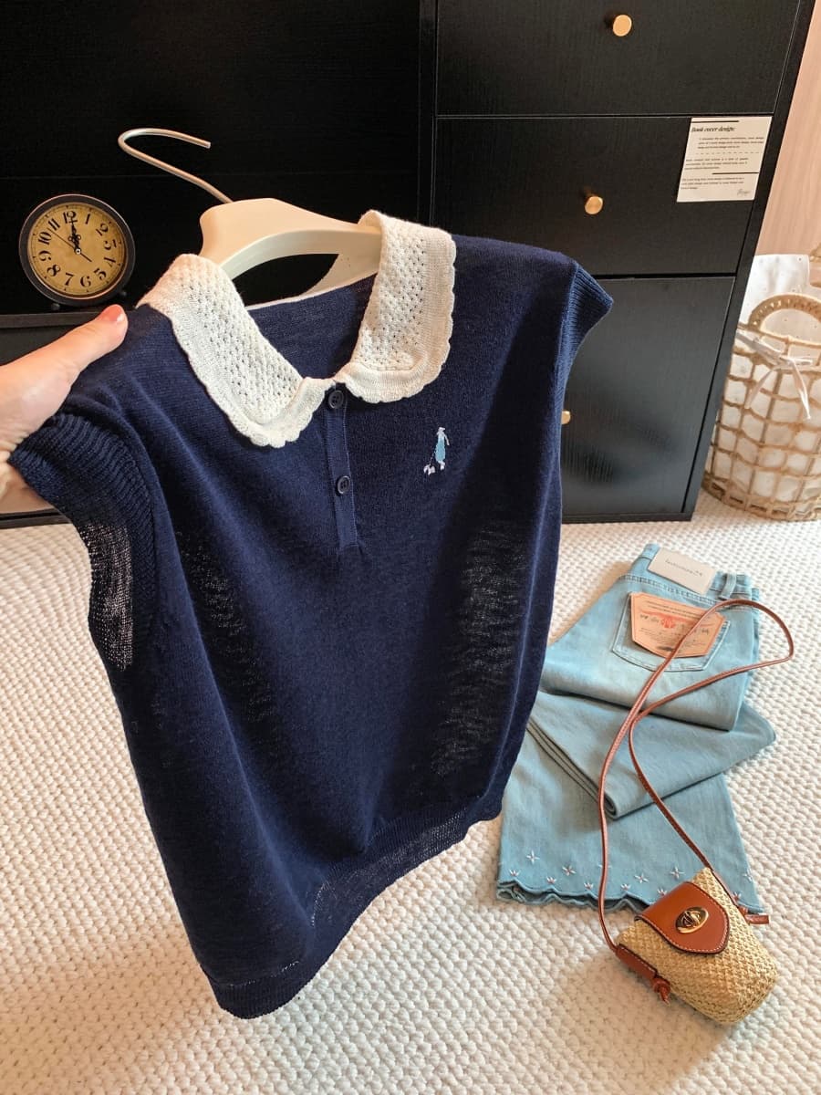 새로운 배색 홀로우 아웃 POLO 칼라 만화 자수 니트 스웨터 여성 여름 폭발 미니멀리즘 다용도 슬림해 보이는 맨위 상세 이미지 1