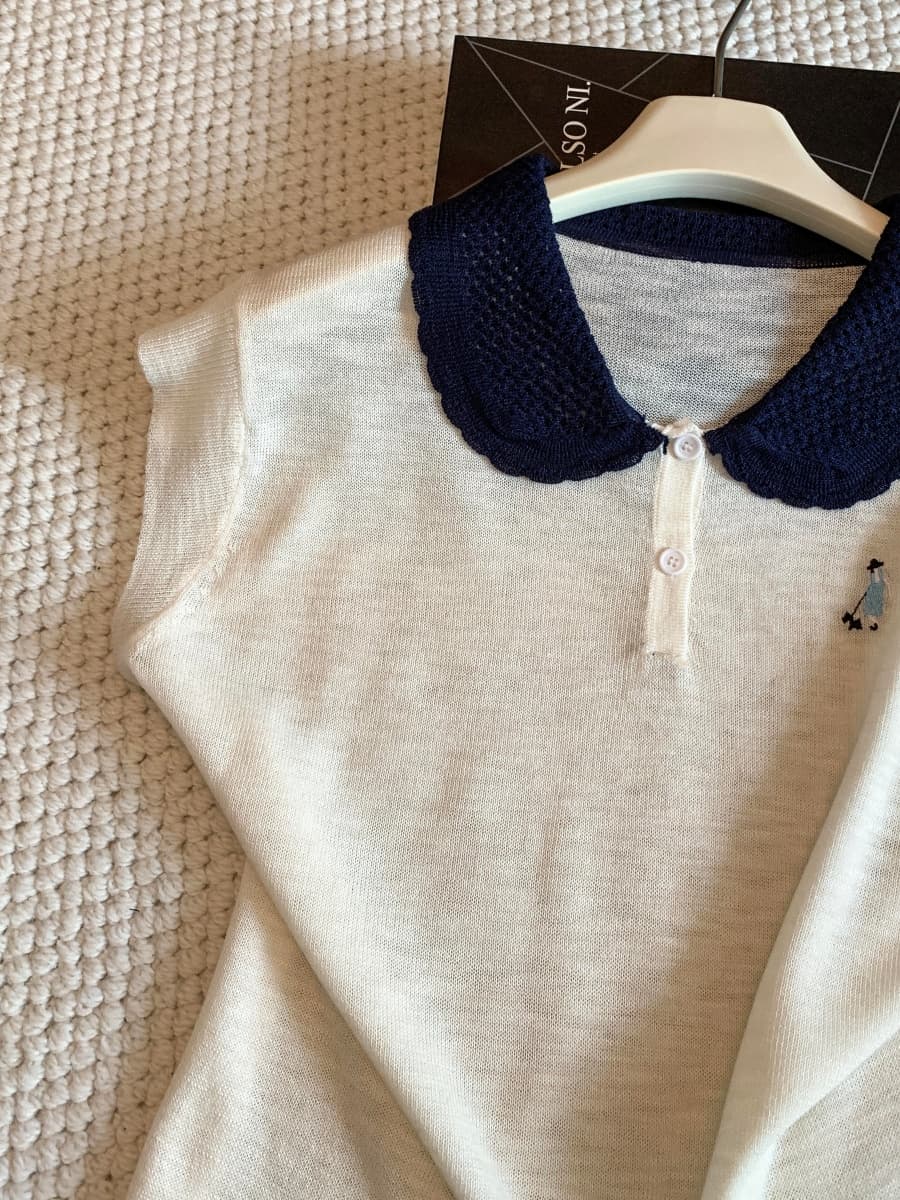 새로운 배색 홀로우 아웃 POLO 칼라 만화 자수 니트 스웨터 여성 여름 폭발 미니멀리즘 다용도 슬림해 보이는 맨위 상세 이미지 11