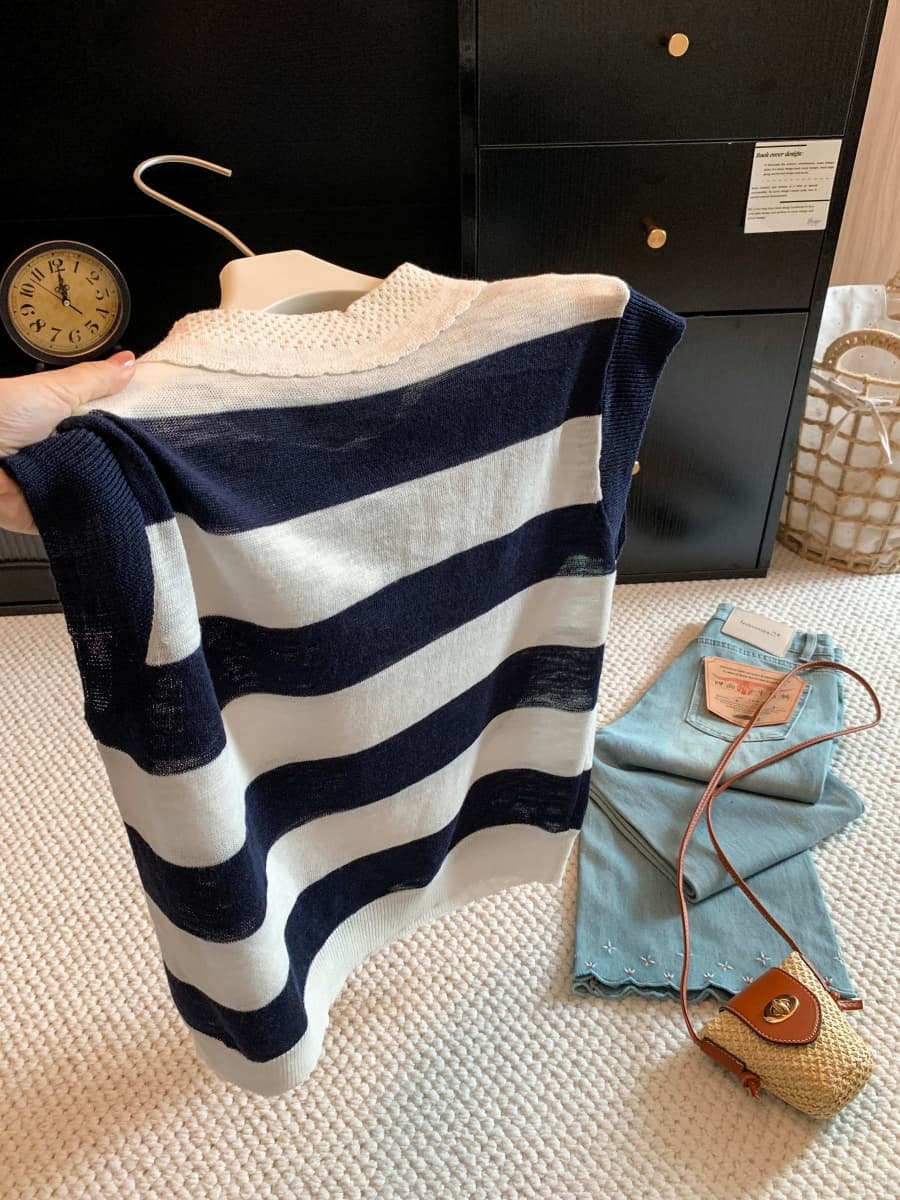 새로운 배색 홀로우 아웃 POLO 칼라 만화 자수 니트 스웨터 여성 여름 폭발 미니멀리즘 다용도 슬림해 보이는 맨위 상세 이미지 16