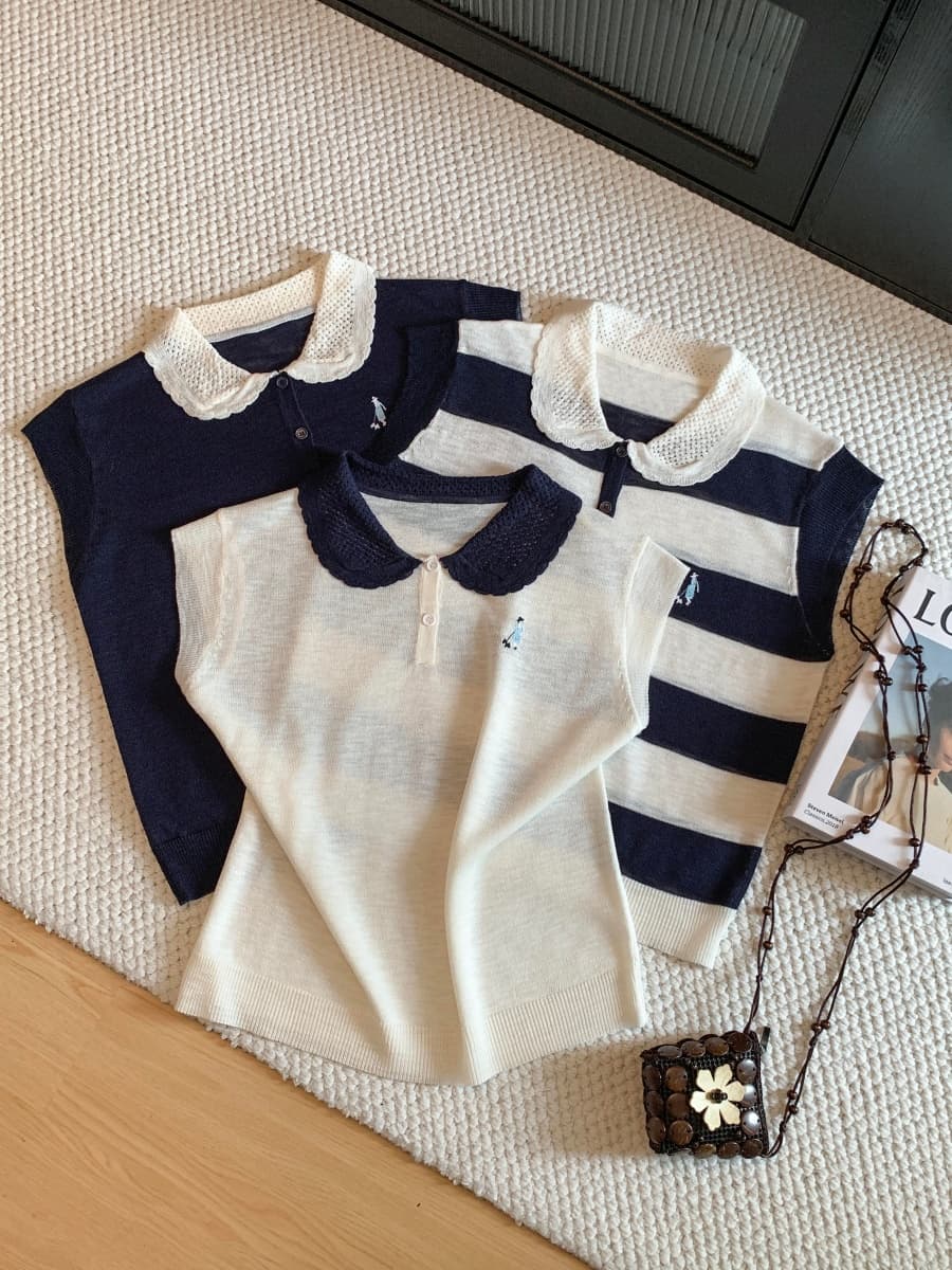 새로운 배색 홀로우 아웃 POLO 칼라 만화 자수 니트 스웨터 여성 여름 폭발 미니멀리즘 다용도 슬림해 보이는 맨위 상세 이미지 22