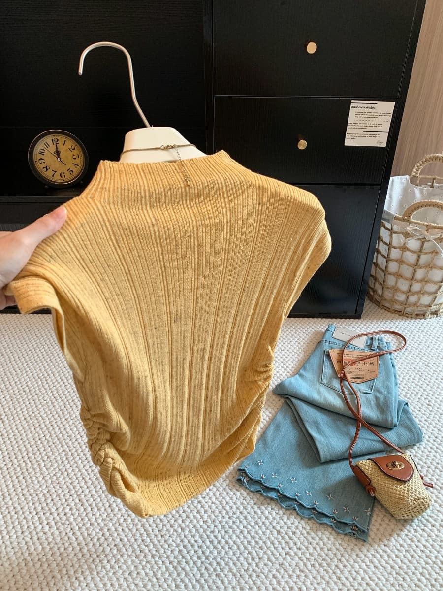 프랑스식 우유 부서 부드러운 반하이넥 작은 날다 소매 니트 조끼 여성 2026 여름 섹션 주름 몸매 가꾸기 구덩이 기사 맨위 상세 이미지 10