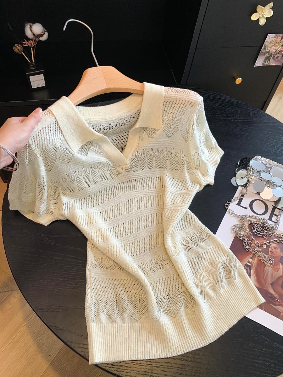 복잡한 고대 돈 바람 POLO 칼라 홀로우 아웃 니트 스웨터 여성 여름 얇은 스타일 반팔 티셔츠 한 부서 chic 작은 맨위 이미지 2