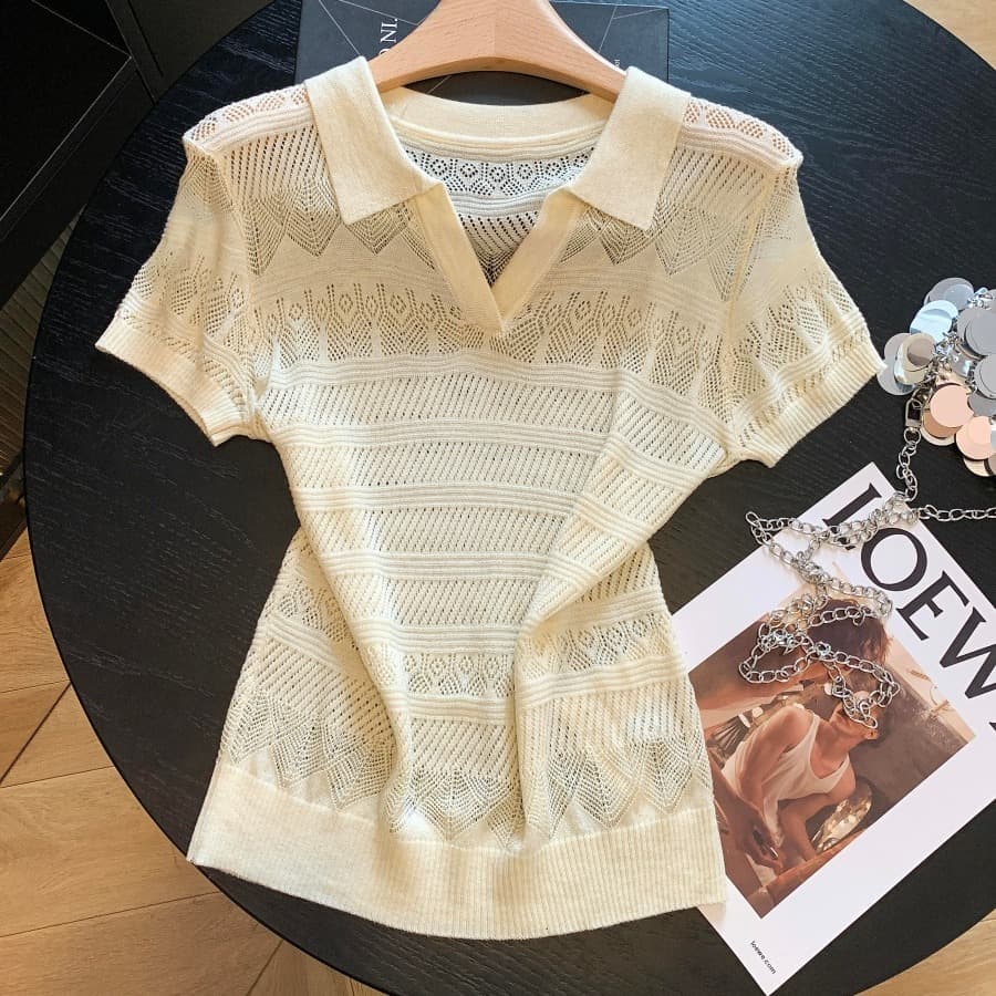 복잡한 고대 돈 바람 POLO 칼라 홀로우 아웃 니트 스웨터 여성 여름 얇은 스타일 반팔 티셔츠 한 부서 chic 작은 맨위 이미지 5