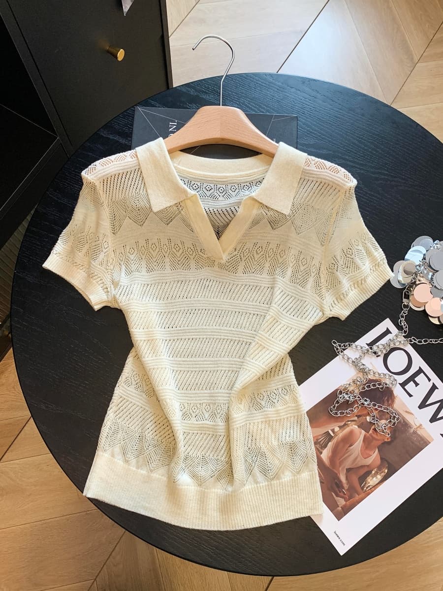 복잡한 고대 돈 바람 POLO 칼라 홀로우 아웃 니트 스웨터 여성 여름 얇은 스타일 반팔 티셔츠 한 부서 chic 작은 맨위 상세 이미지 1
