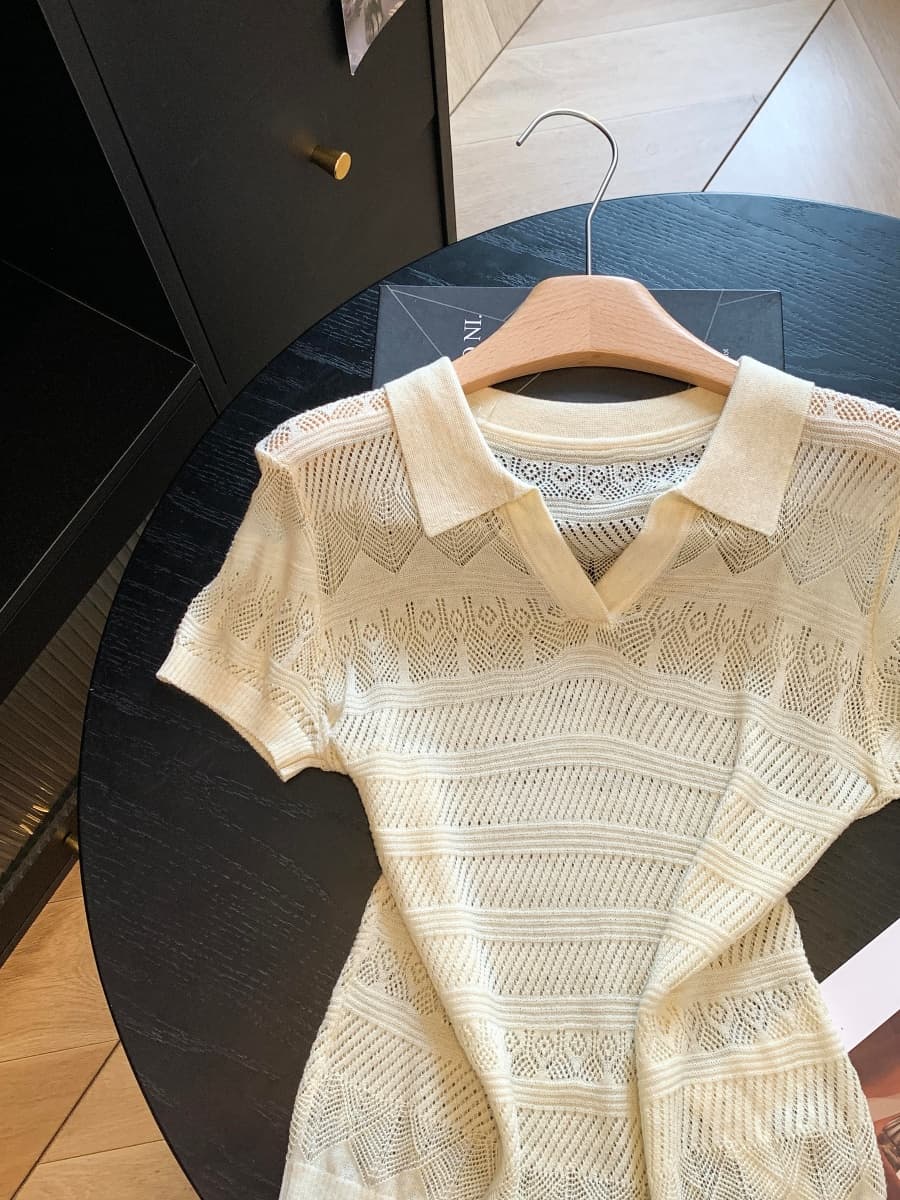 복잡한 고대 돈 바람 POLO 칼라 홀로우 아웃 니트 스웨터 여성 여름 얇은 스타일 반팔 티셔츠 한 부서 chic 작은 맨위 상세 이미지 2