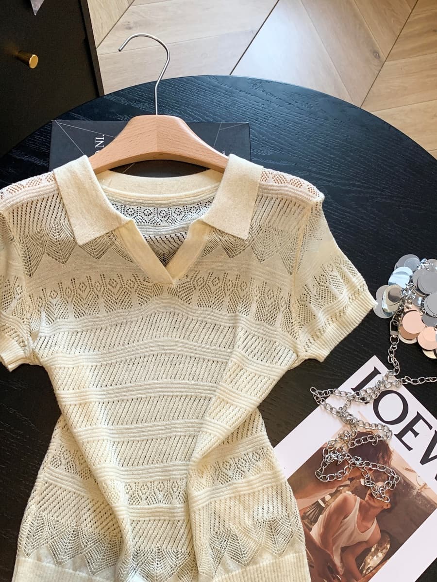 복잡한 고대 돈 바람 POLO 칼라 홀로우 아웃 니트 스웨터 여성 여름 얇은 스타일 반팔 티셔츠 한 부서 chic 작은 맨위 상세 이미지 3