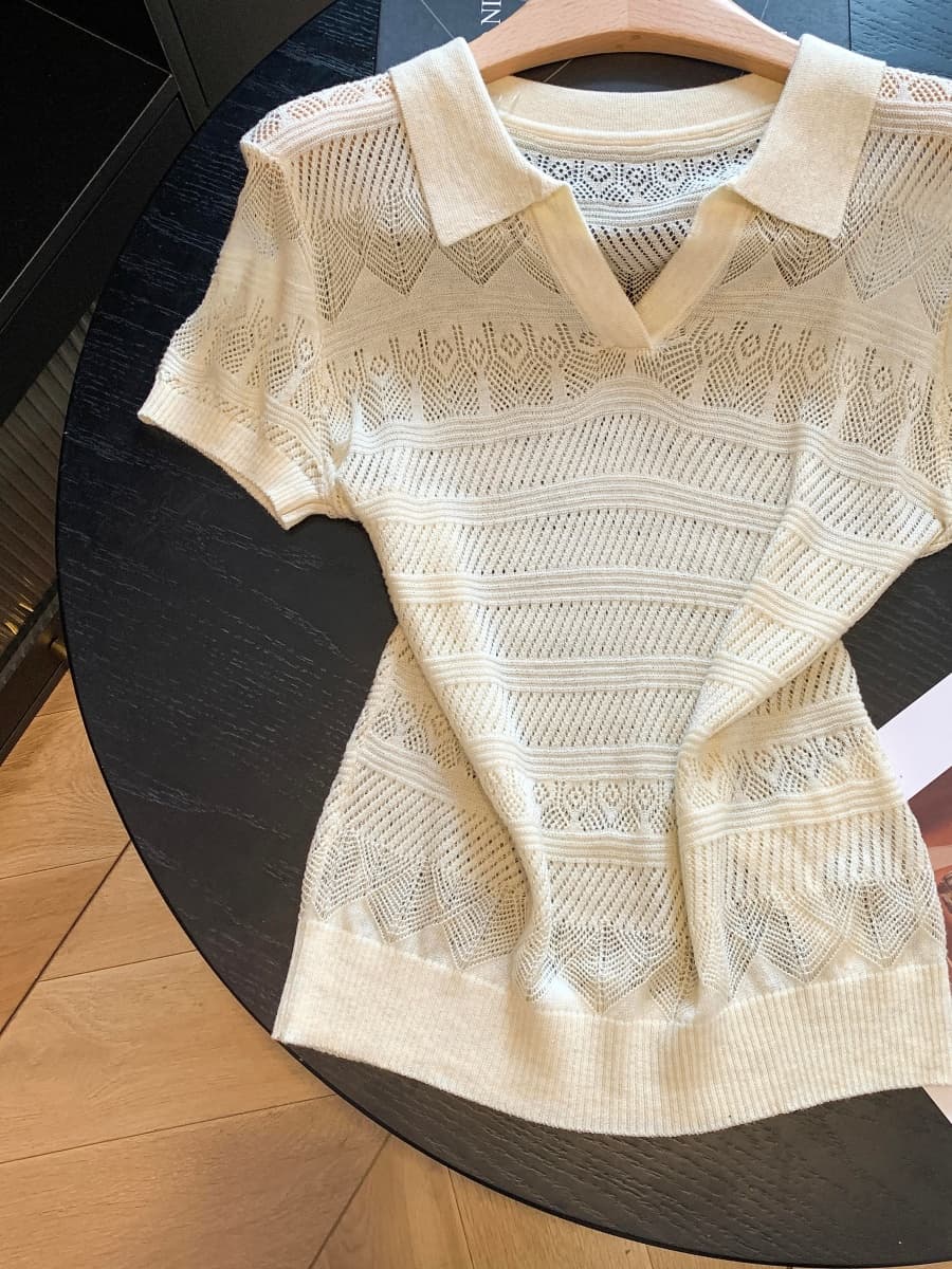 복잡한 고대 돈 바람 POLO 칼라 홀로우 아웃 니트 스웨터 여성 여름 얇은 스타일 반팔 티셔츠 한 부서 chic 작은 맨위 상세 이미지 4