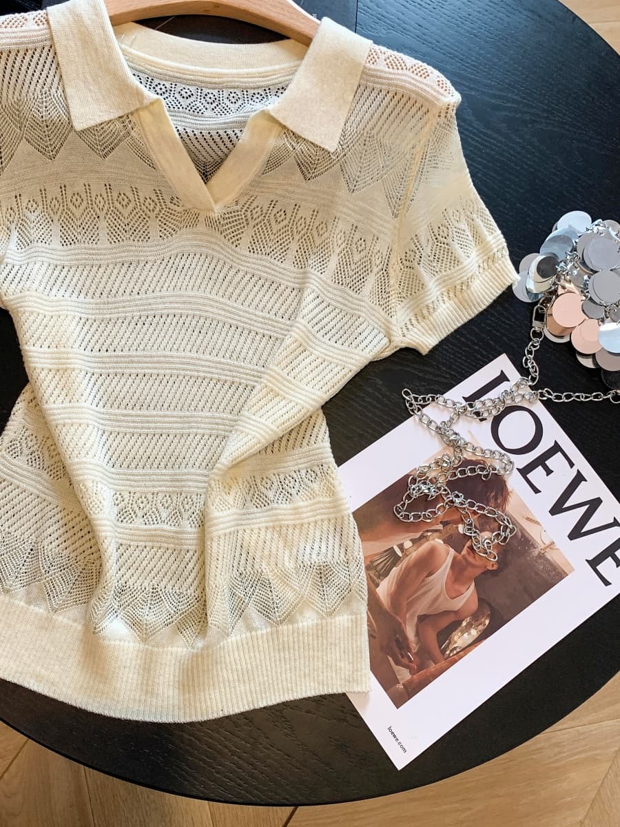 복잡한 고대 돈 바람 POLO 칼라 홀로우 아웃 니트 스웨터 여성 여름 얇은 스타일 반팔 티셔츠 한 부서 chic 작은 맨위 상세 이미지 5