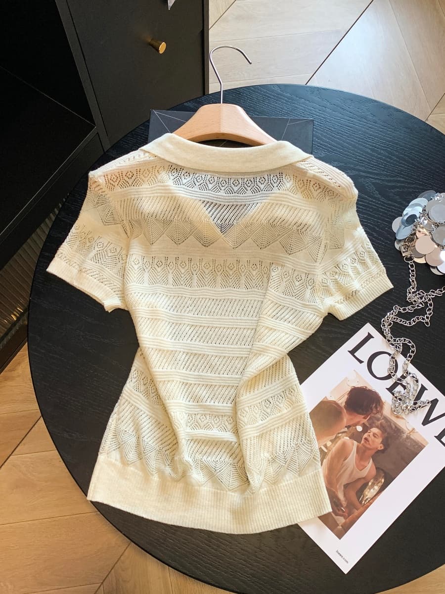 복잡한 고대 돈 바람 POLO 칼라 홀로우 아웃 니트 스웨터 여성 여름 얇은 스타일 반팔 티셔츠 한 부서 chic 작은 맨위 상세 이미지 7
