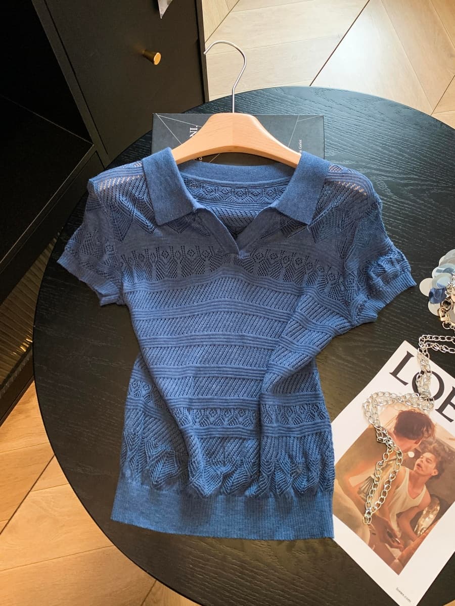 복잡한 고대 돈 바람 POLO 칼라 홀로우 아웃 니트 스웨터 여성 여름 얇은 스타일 반팔 티셔츠 한 부서 chic 작은 맨위 상세 이미지 8