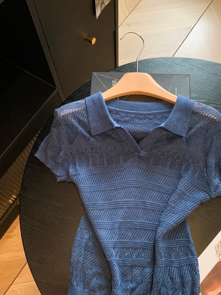 복잡한 고대 돈 바람 POLO 칼라 홀로우 아웃 니트 스웨터 여성 여름 얇은 스타일 반팔 티셔츠 한 부서 chic 작은 맨위 상세 이미지 9