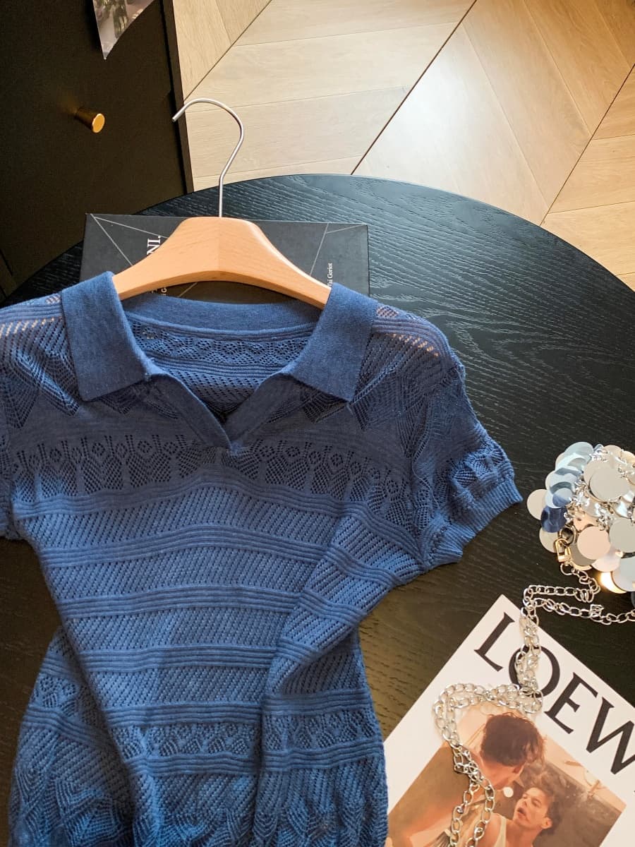 복잡한 고대 돈 바람 POLO 칼라 홀로우 아웃 니트 스웨터 여성 여름 얇은 스타일 반팔 티셔츠 한 부서 chic 작은 맨위 상세 이미지 10