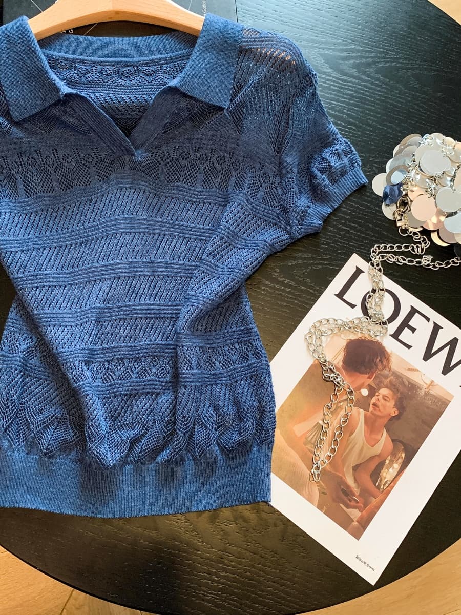 복잡한 고대 돈 바람 POLO 칼라 홀로우 아웃 니트 스웨터 여성 여름 얇은 스타일 반팔 티셔츠 한 부서 chic 작은 맨위 상세 이미지 12