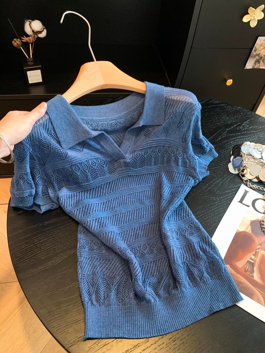 복잡한 고대 돈 바람 POLO 칼라 홀로우 아웃 니트 스웨터 여성 여름 얇은 스타일 반팔 티셔츠 한 부서 chic 작은 맨위 상세 이미지 15