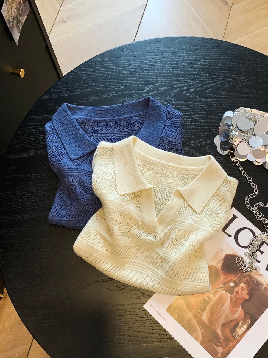 복잡한 고대 돈 바람 POLO 칼라 홀로우 아웃 니트 스웨터 여성 여름 얇은 스타일 반팔 티셔츠 한 부서 chic 작은 맨위 상세 이미지 16