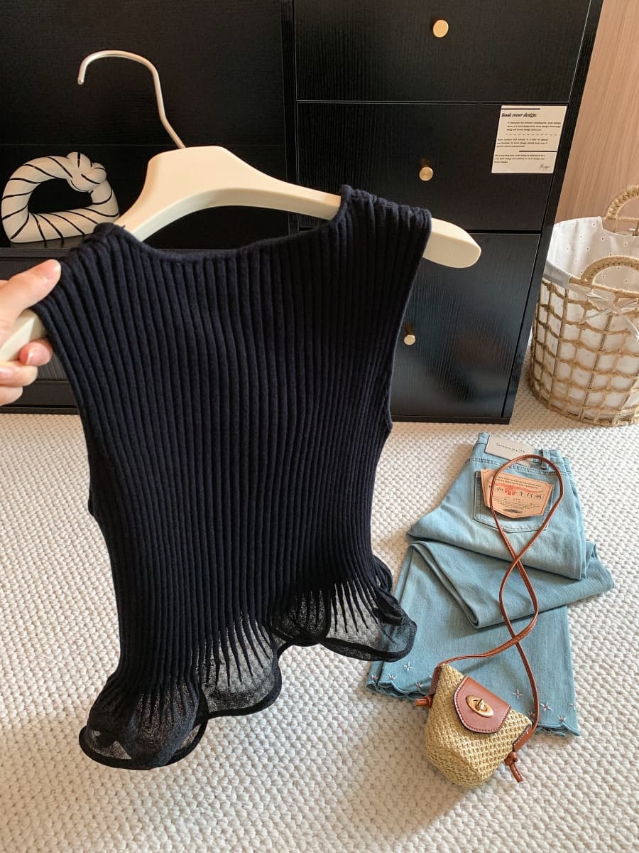 카키 색 라운드 넥 니트 조끼 여성 몸매 가꾸기 슬림해 보이는 고급 센스 chic Chic 맨위 망사 패치워크 디자인 센스 상세 이미지 9
