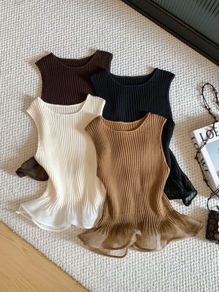 카키 색 라운드 넥 니트 조끼 여성 몸매 가꾸기 슬림해 보이는 고급 센스 chic Chic 맨위 망사 패치워크 디자인 센스 상세 이미지 27