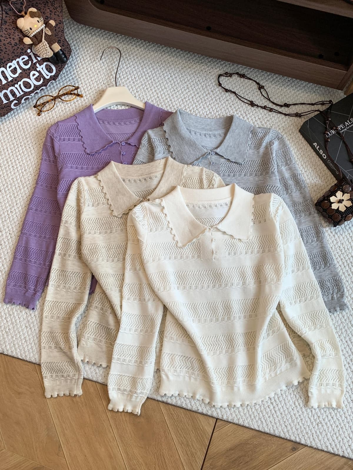 프랑스식 오래된 돈 바람 홀로우 아웃 레이스 POLO 칼라 긴팔 니트 스웨터 여성 이른 가을 새로운 고유 한 고급 캐주얼 맨위 상세 이미지 29