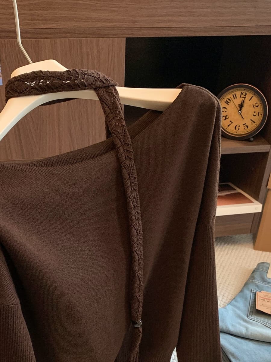 순수한 욕망 바람 한 단어 비스듬한 칼라 행침 목 니트 맨위 이른 가을 느긋한 가을 어깨 루즈핏 슬림해 보이는 품격 긴팔 블라우스 여성 상세 이미지 20