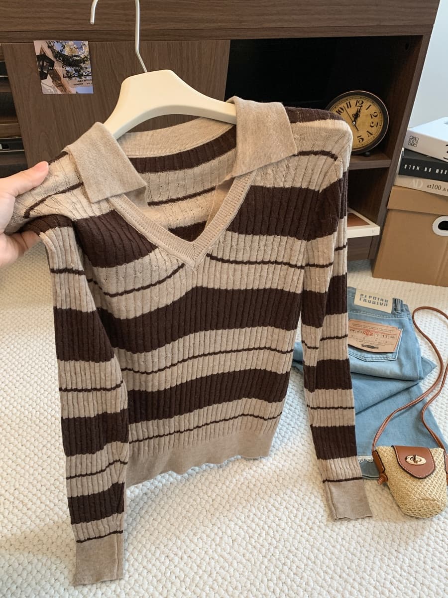 레트로 스트라이프 polo 폴로 칼라 페이크 레이어드 만나는 인사이드 가져 가라. 니트 스웨터 여성 이른 가을 새로운 스택 착용 V넥 맨위 이미지 2