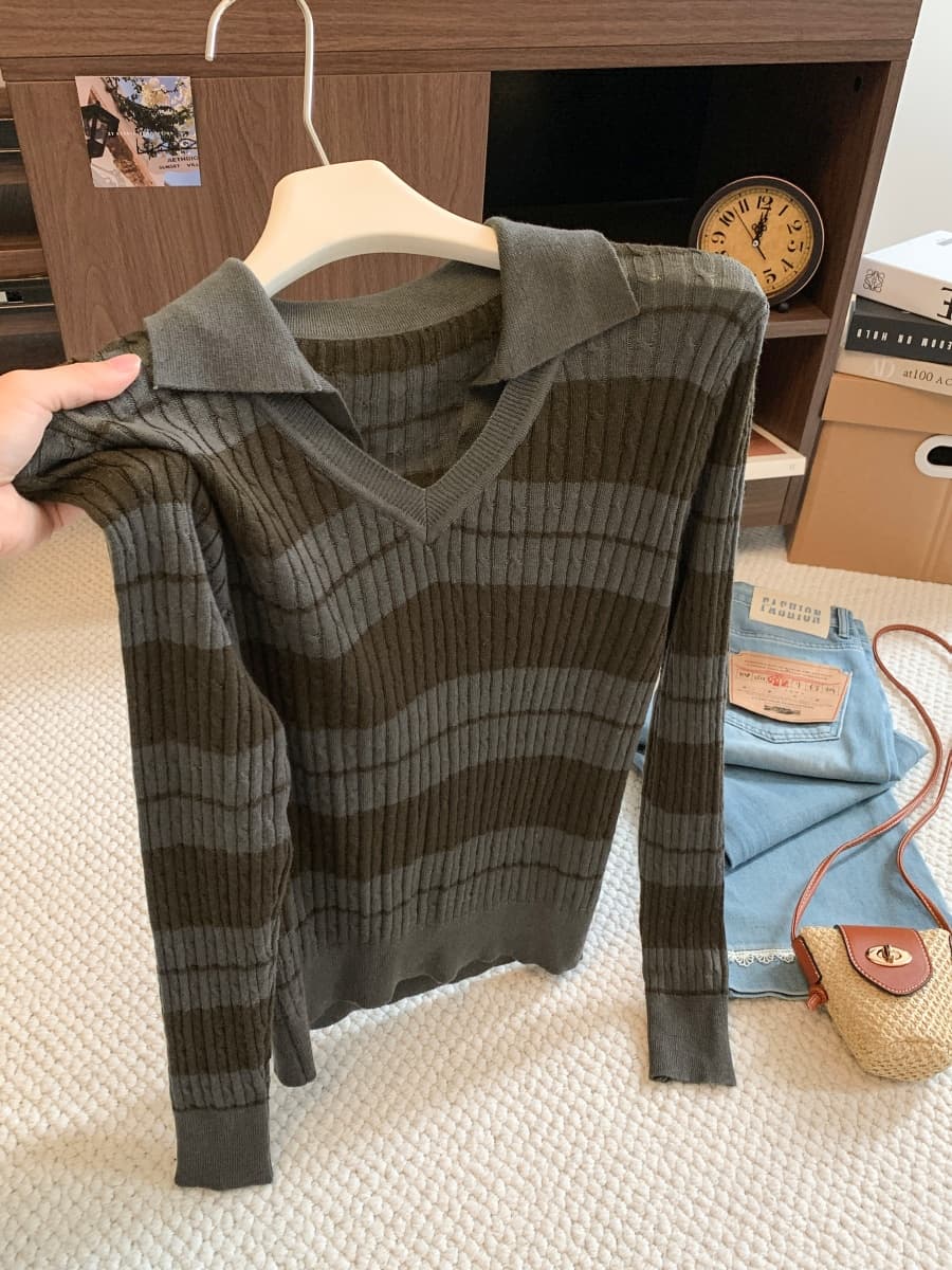 레트로 스트라이프 polo 폴로 칼라 페이크 레이어드 만나는 인사이드 가져 가라. 니트 스웨터 여성 이른 가을 새로운 스택 착용 V넥 맨위 상세 이미지 6