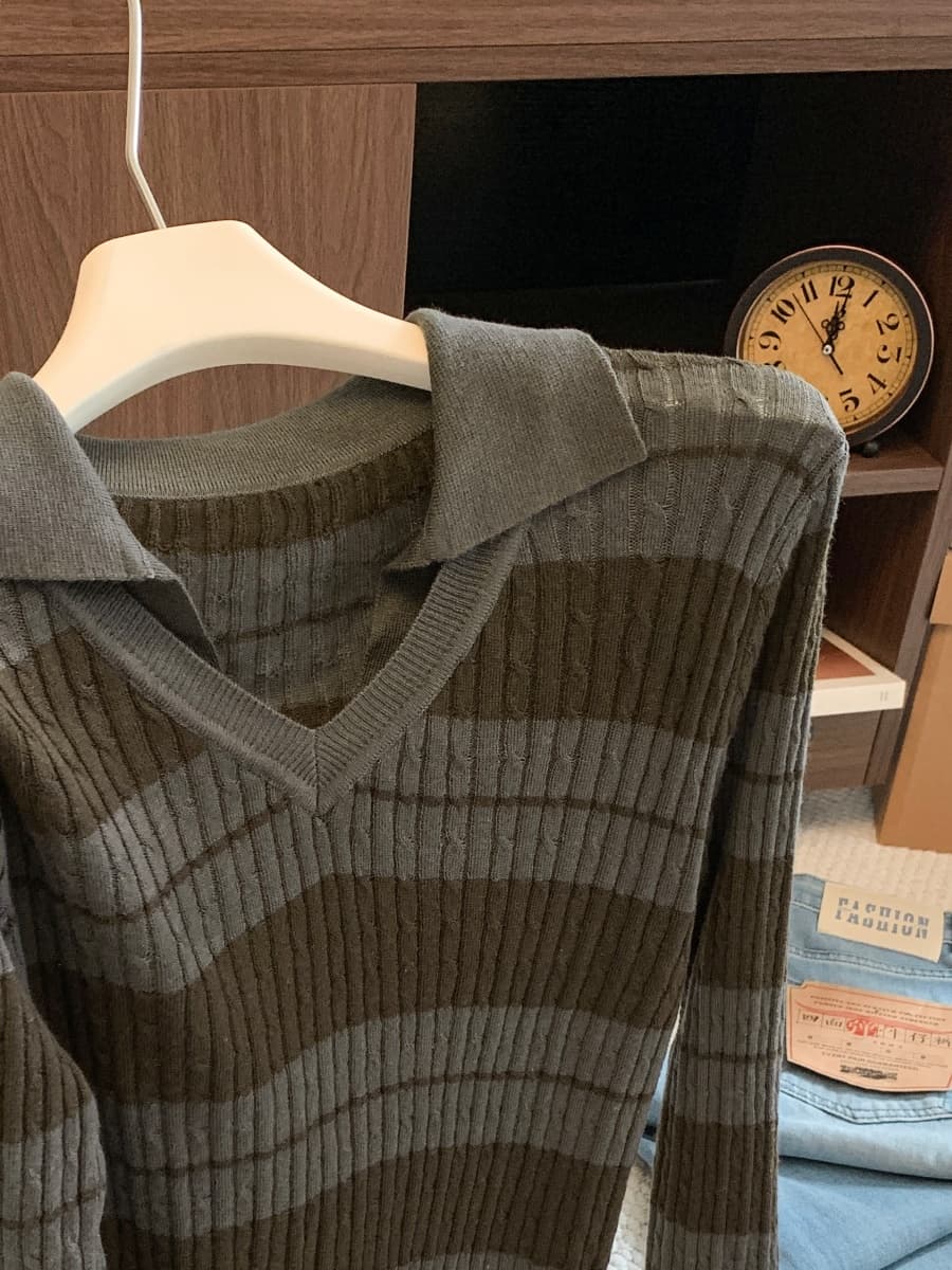 레트로 스트라이프 polo 폴로 칼라 페이크 레이어드 만나는 인사이드 가져 가라. 니트 스웨터 여성 이른 가을 새로운 스택 착용 V넥 맨위 상세 이미지 7