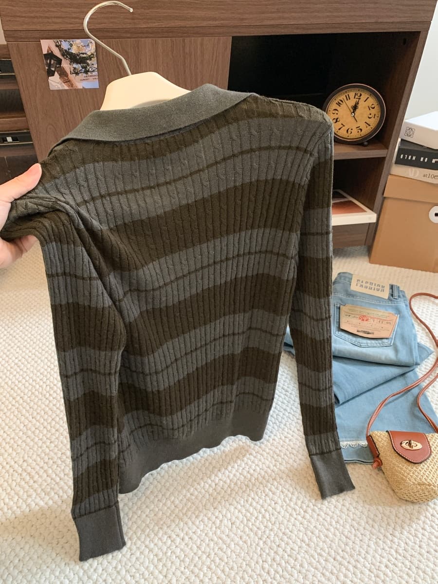 레트로 스트라이프 polo 폴로 칼라 페이크 레이어드 만나는 인사이드 가져 가라. 니트 스웨터 여성 이른 가을 새로운 스택 착용 V넥 맨위 상세 이미지 9