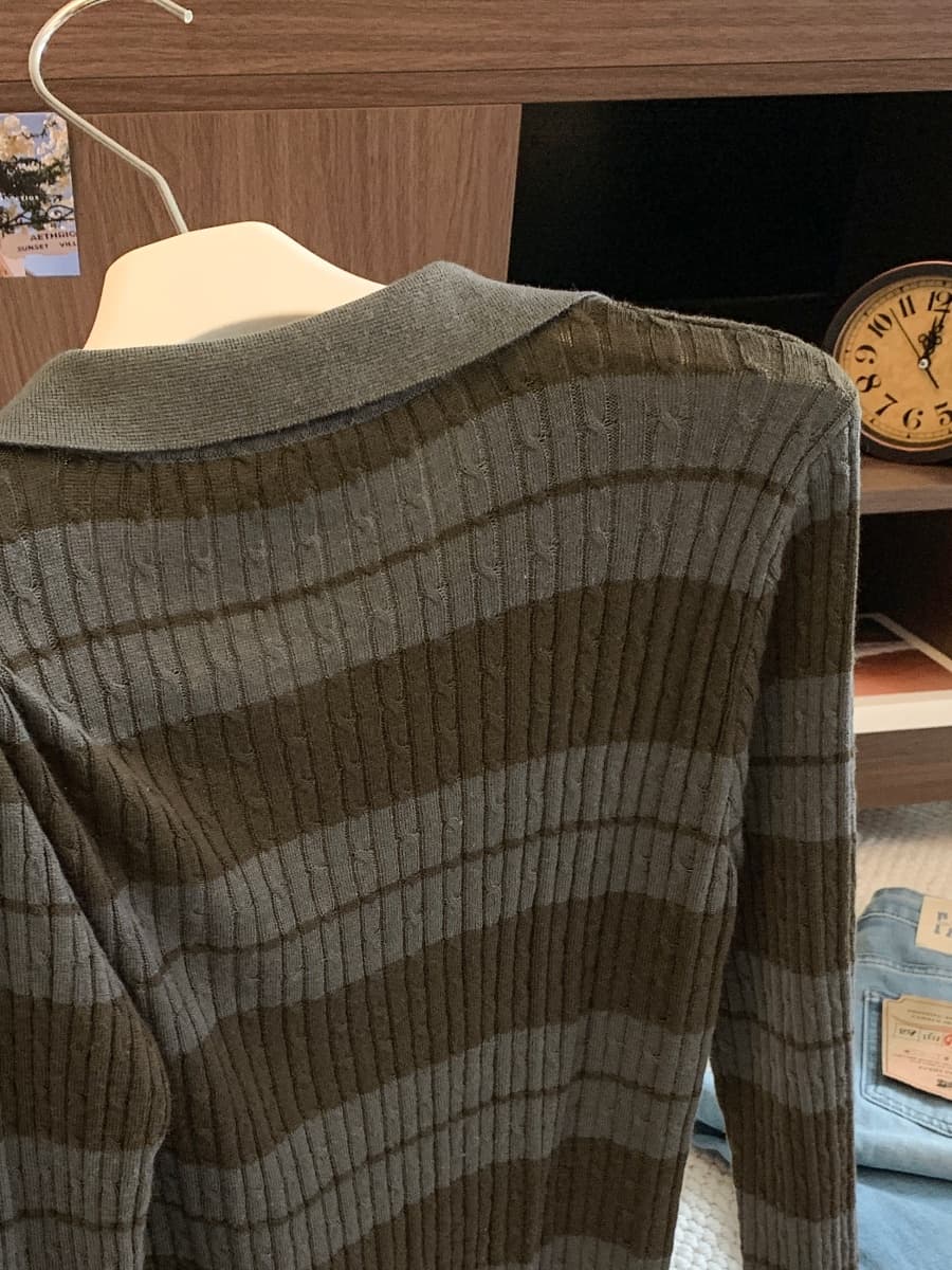 레트로 스트라이프 polo 폴로 칼라 페이크 레이어드 만나는 인사이드 가져 가라. 니트 스웨터 여성 이른 가을 새로운 스택 착용 V넥 맨위 상세 이미지 10