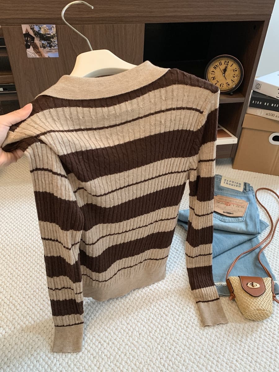 레트로 스트라이프 polo 폴로 칼라 페이크 레이어드 만나는 인사이드 가져 가라. 니트 스웨터 여성 이른 가을 새로운 스택 착용 V넥 맨위 상세 이미지 11