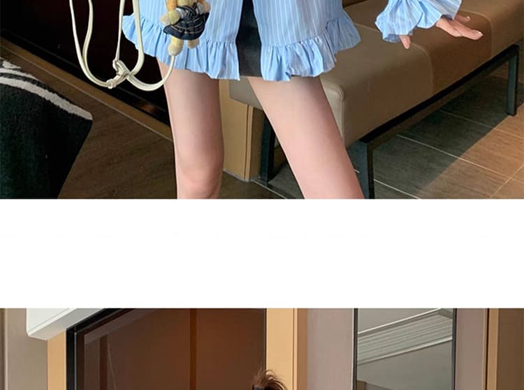 26 새로운 파란색 스트라이프 나비 매듭 셔츠 봄 새로운 디자인 센스 프랑스식 고급 센스 빛 럭셔리 한국 스타일 맨위 상세 이미지 38