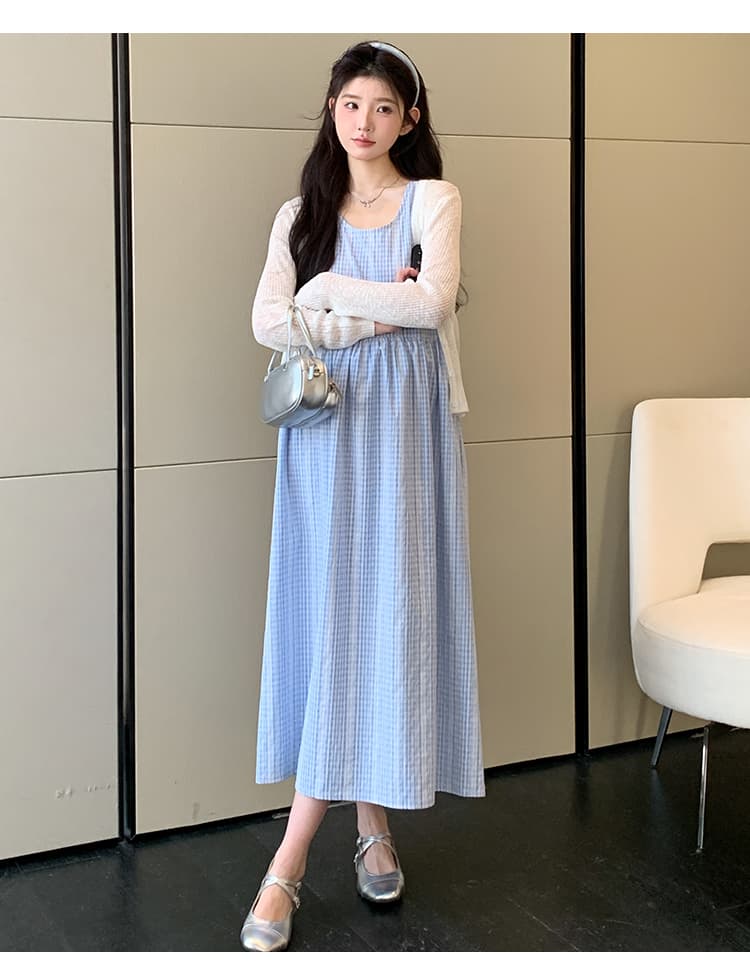2026 여름 새로운 자외선 차단 오픈 가디건 봄바람 체크무늬 조끼 스커트 투피스 세트 세트 상세 이미지 17
