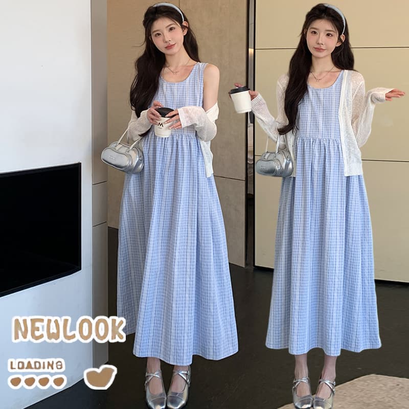 2026 여름 새로운 자외선 차단 오픈 가디건 봄바람 체크무늬 조끼 스커트 투피스 세트 세트 이미지 3
